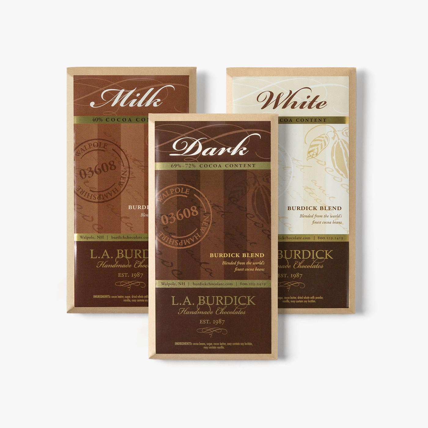 Candy Bar Assortment Milk Chocolate, White Chocolate, Dark Chocolate. Burdick Candy Bars are known for their depth, balance, and velvety smoothness.